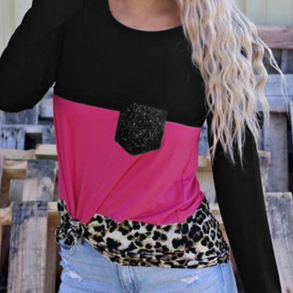 Leopard Black & Fuchsia Shirt w Sequin Pocket